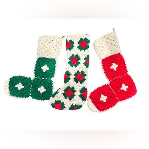 3 Vintage Granny Squares Crocheted Christmas Stockings EC